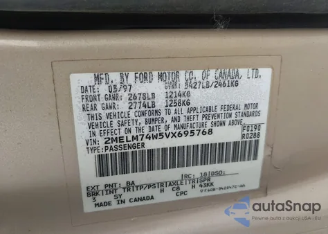 1997 Mercury Grand Marquis Gs из США, поврежденный, VIN 2MELM74W5VX695768